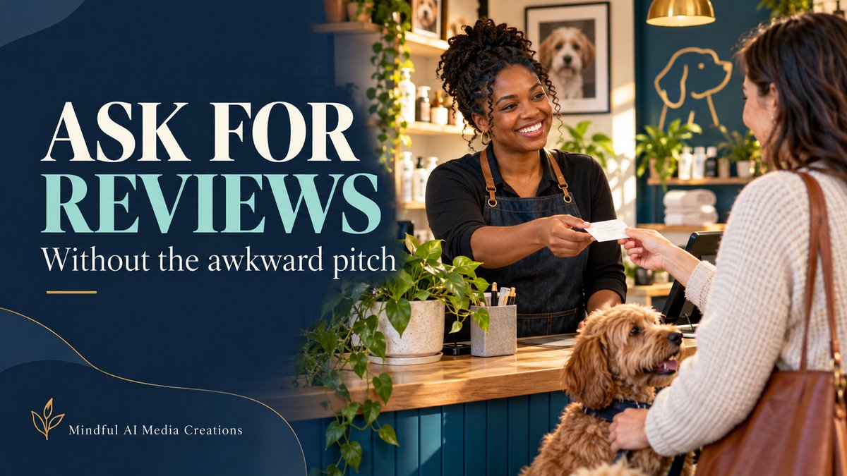 Smiling pet salon owner handing a card across the counter to a customer with a curly-haired dog, beside the headline "Ask for Reviews — Without the awkward pitch"